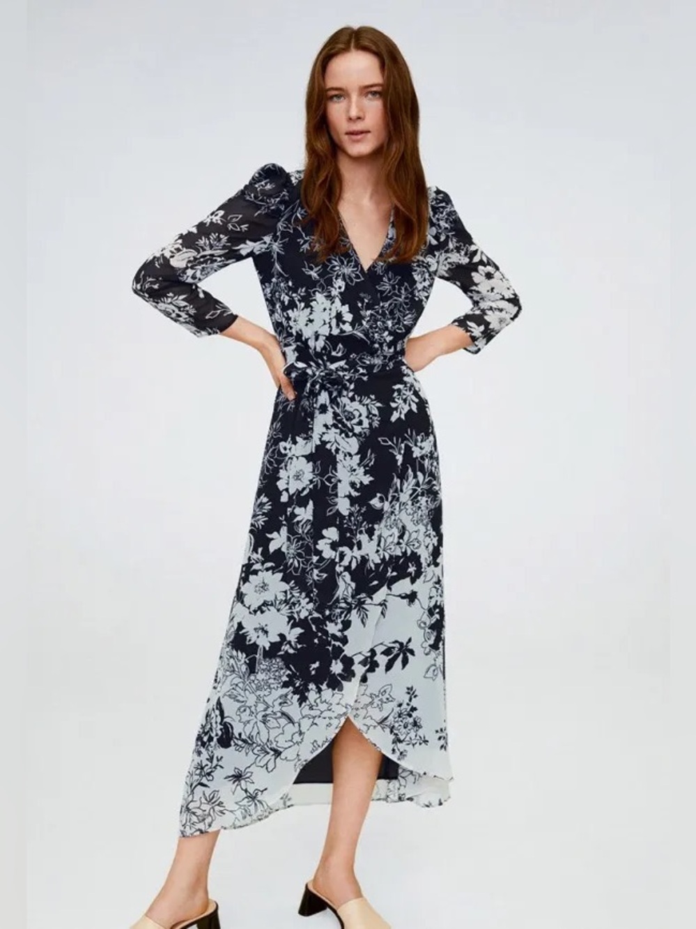 Mango FIORELA Black and White Floral Wrap Maxi Dress 👗